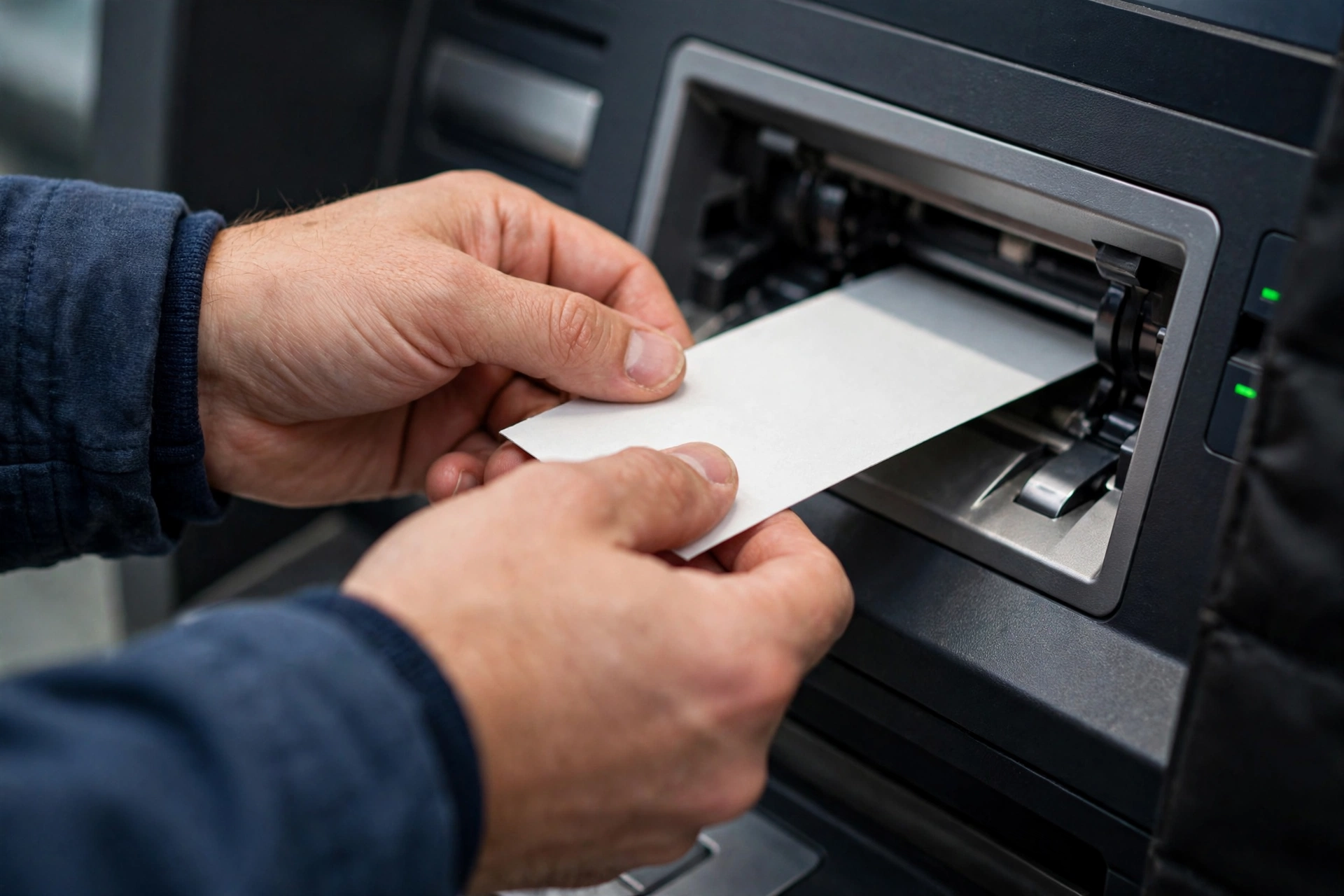 Person depositing a check at bank